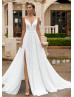 Double Strap White Lace Chiffon Side Split Boho Wedding Dress